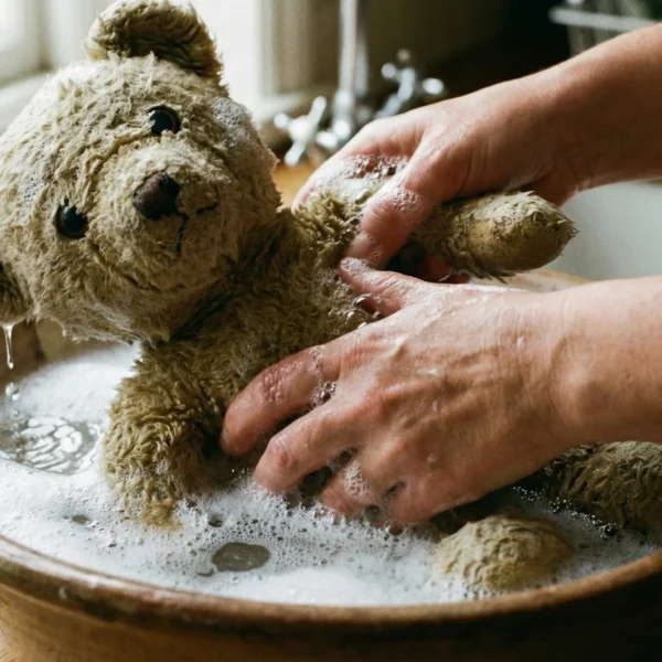 A close up view of a soft toy receiving gentle hand washing