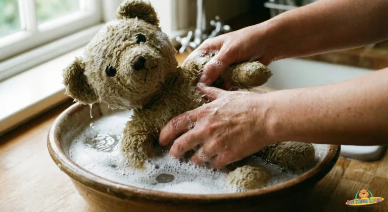 A close up view of a soft toy receiving gentle hand washing
