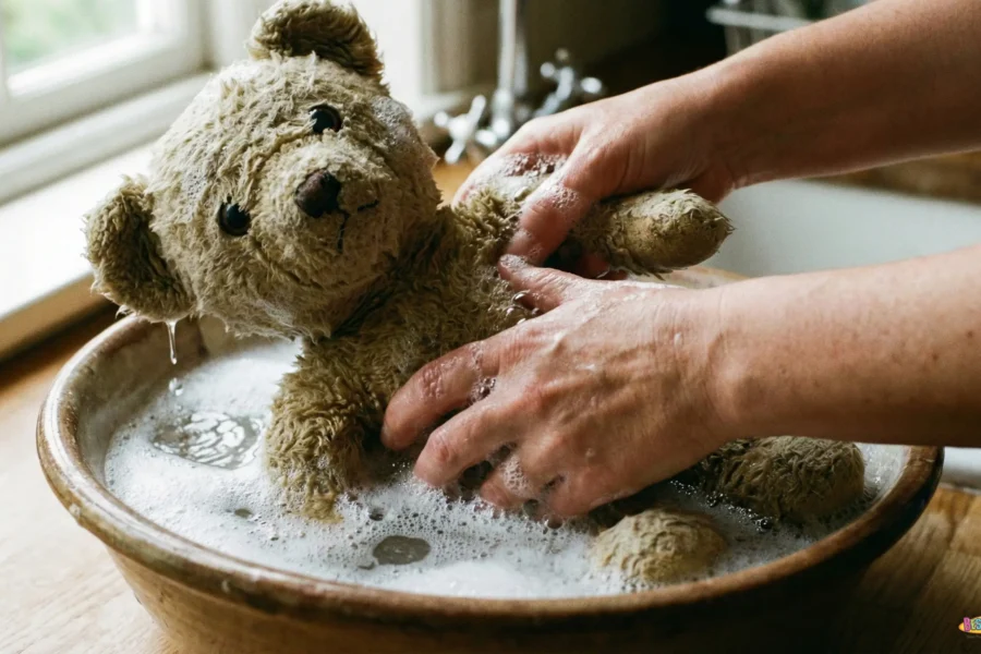 A close up view of a soft toy receiving gentle hand washing