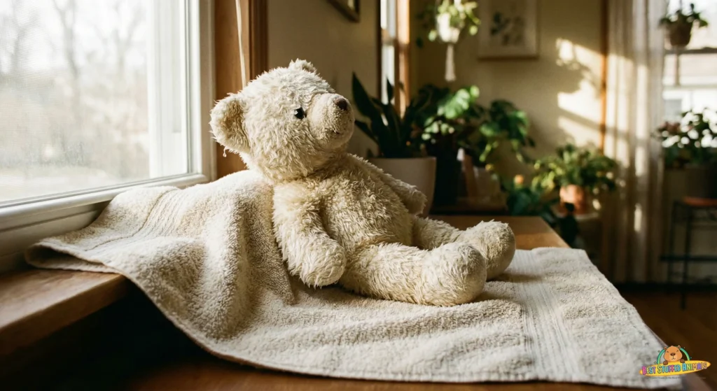 A soft toy air-drying atop a towel in soft illumination