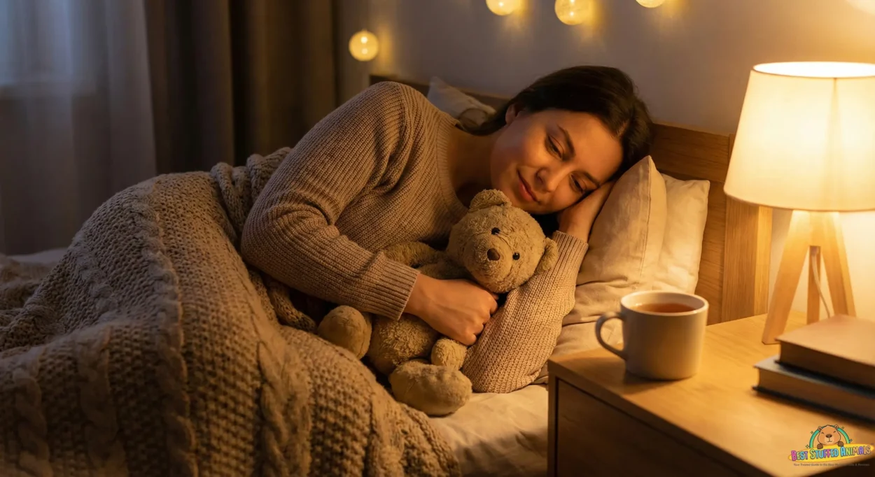 adult using a plushie for anxiety relief at bedtime
