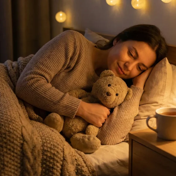 adult using a plushie for anxiety relief at bedtime