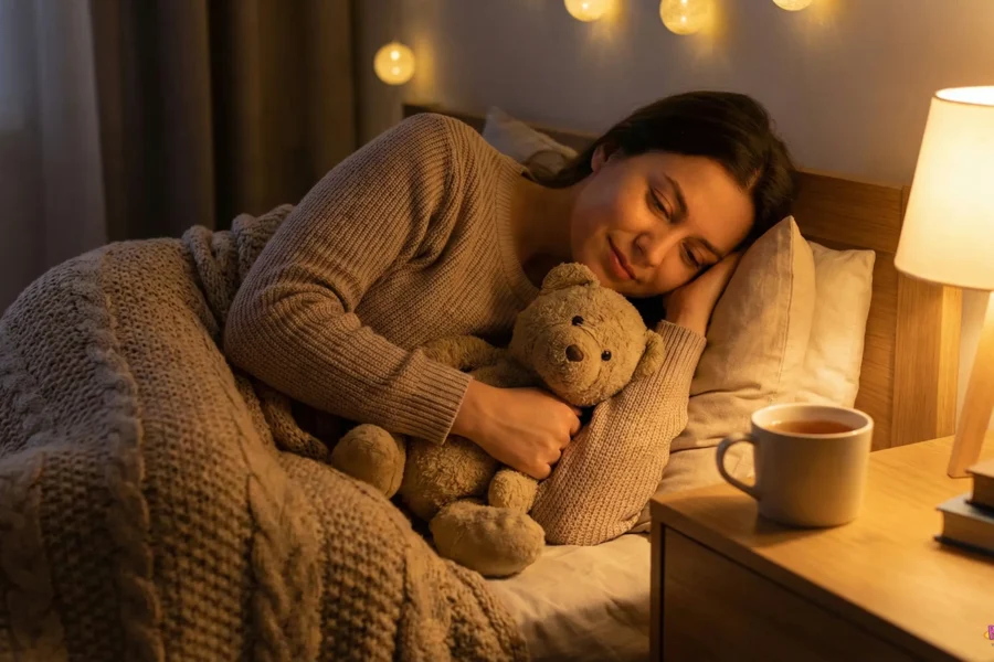 adult using a plushie for anxiety relief at bedtime