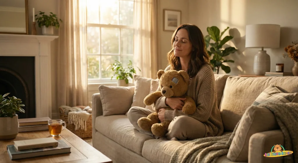 Adult relaxing with a stuffed animal in a calm home environment