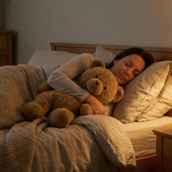 Adult relaxing with a stuffed animal in a calm home environment
