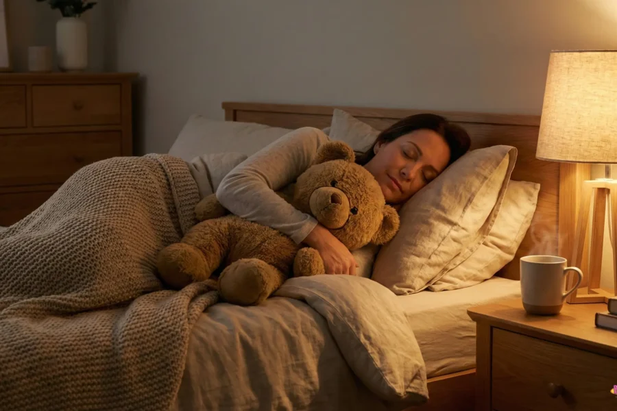 Adult relaxing with a stuffed animal in a calm home environment