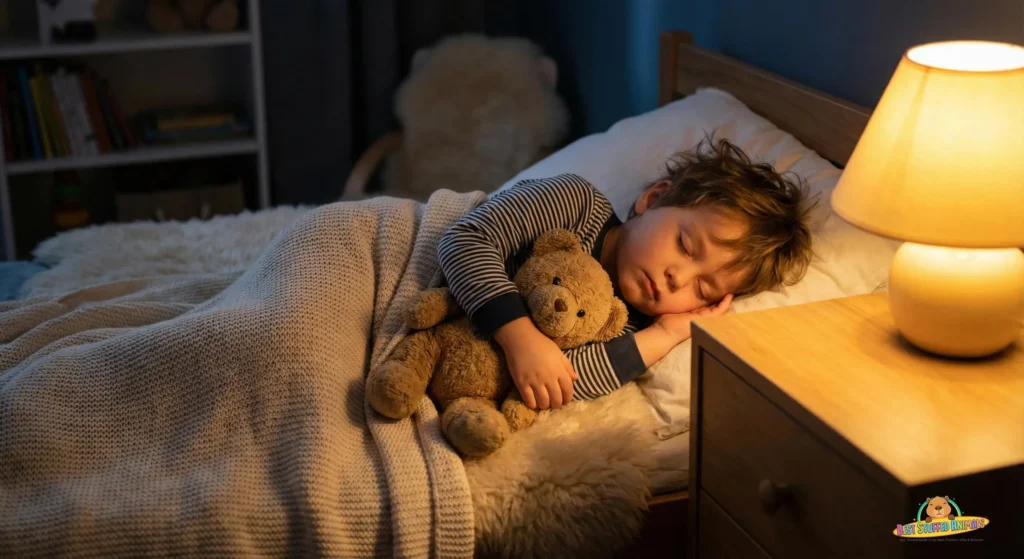 Child sleeping peacefully with a stuffed animal