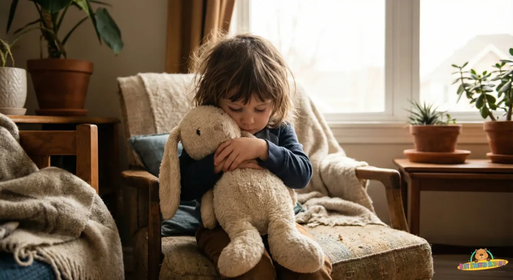 Child using a plushie for emotional comfort