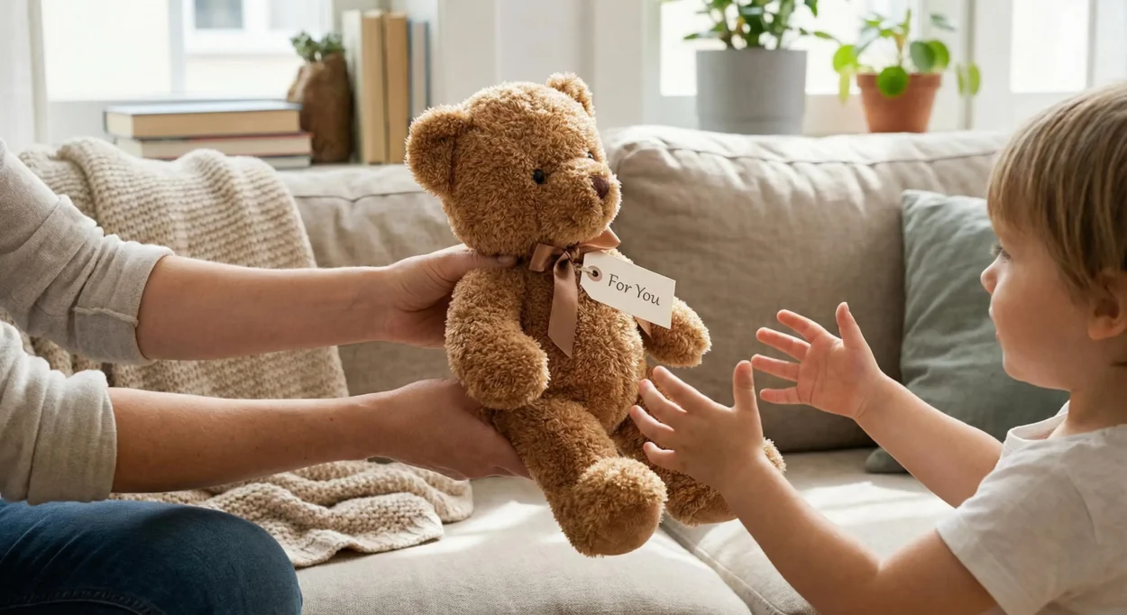 Mother give gift plushies to his kid