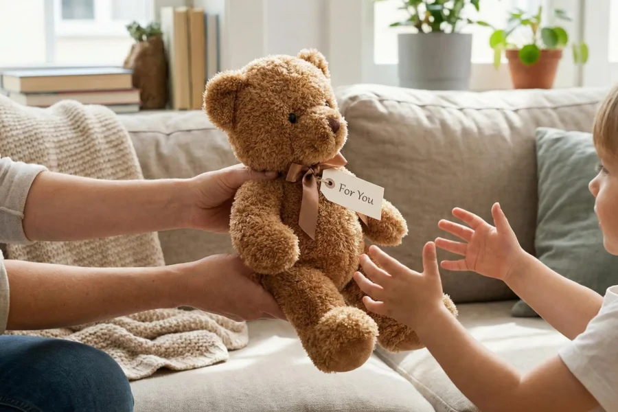 Mother give gift plushies to his kid