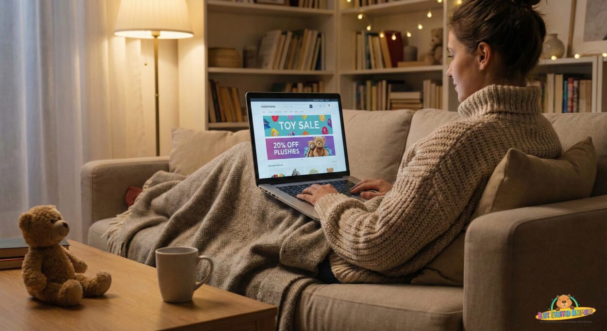 Person browsing plush toy deals online
