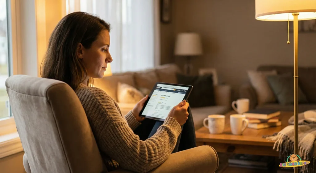 Person reading online reviews thoughtfully