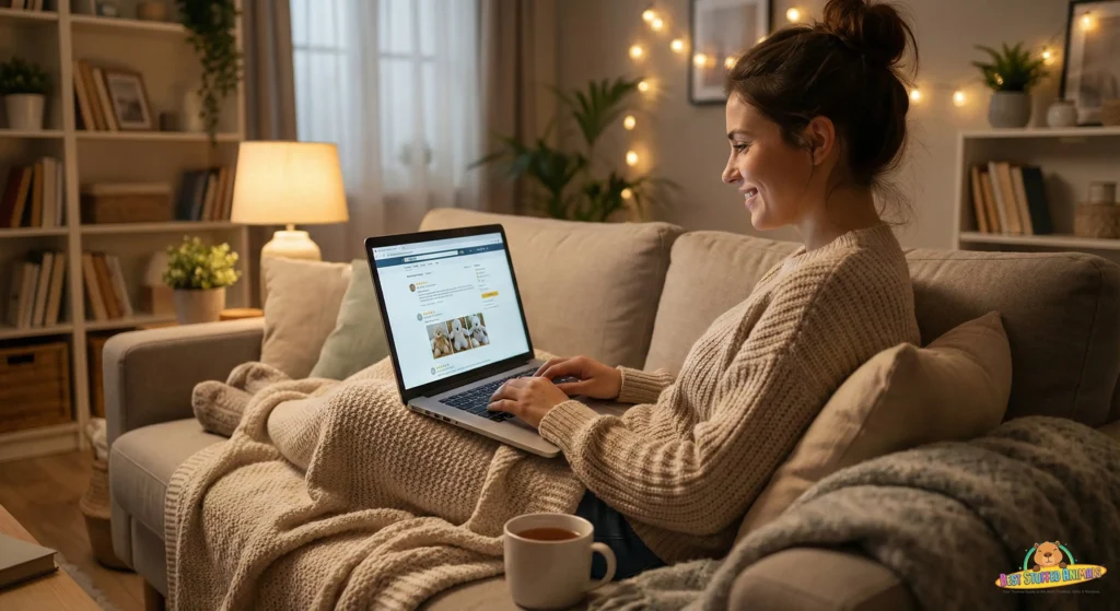 Person reading plushie reviews online