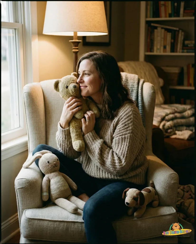 Person thoughtfully choosing a stuffed animal