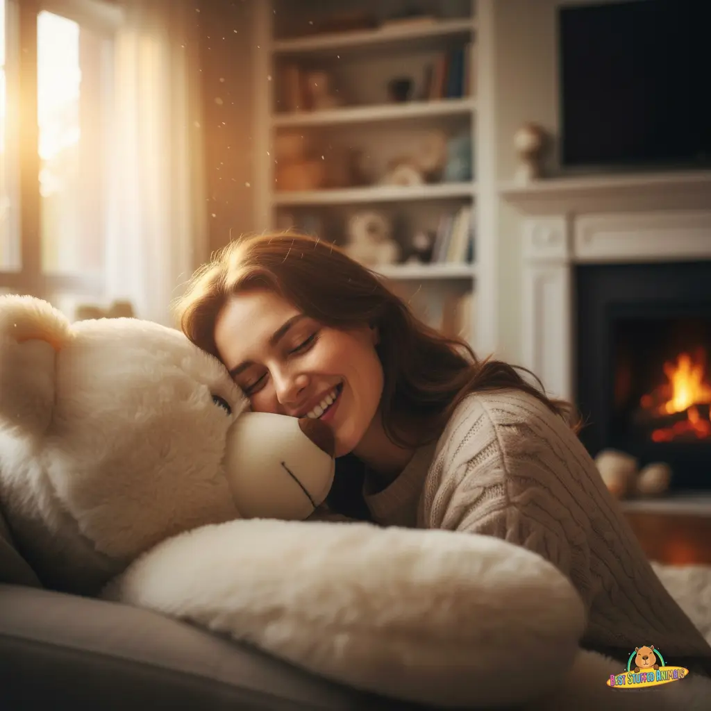 A close-up of a person smiling while hugging a large