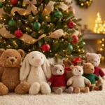 A warm, cinematic photograph of a collection of premium stuffed animals, including a classic brown teddy bear, a soft cream-colored bunny, a mouse, and two deer plushies in knit sweaters, arranged on a white shag rug. They are positioned in front of a beautifully decorated Christmas tree with warm golden lights, red and green ornaments, and a burlap ribbon. In the background, there is a lit fireplace and another small illuminated tree, creating a cozy holiday atmosphere. The focus is sharp on the plush toys, highlighting their textured fabric.