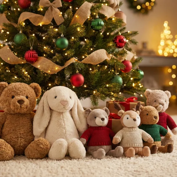 A warm, cinematic photograph of a collection of premium stuffed animals, including a classic brown teddy bear, a soft cream-colored bunny, a mouse, and two deer plushies in knit sweaters, arranged on a white shag rug. They are positioned in front of a beautifully decorated Christmas tree with warm golden lights, red and green ornaments, and a burlap ribbon. In the background, there is a lit fireplace and another small illuminated tree, creating a cozy holiday atmosphere. The focus is sharp on the plush toys, highlighting their textured fabric.