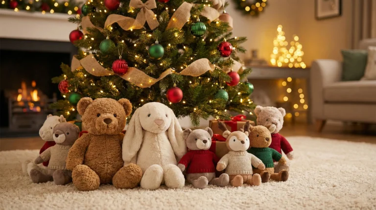 A warm, cinematic photograph of a collection of premium stuffed animals, including a classic brown teddy bear, a soft cream-colored bunny, a mouse, and two deer plushies in knit sweaters, arranged on a white shag rug. They are positioned in front of a beautifully decorated Christmas tree with warm golden lights, red and green ornaments, and a burlap ribbon. In the background, there is a lit fireplace and another small illuminated tree, creating a cozy holiday atmosphere. The focus is sharp on the plush toys, highlighting their textured fabric.